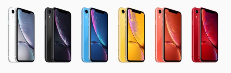 iPhone XR in white, black, blue, yellow, coral, and red colors